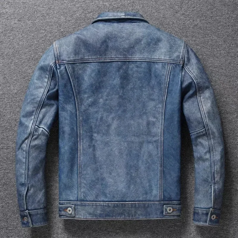 Men’s Retro Motorcycle Leather Jacket – Light Blue Khaki Graphite Distressed Denim Style, Genuine Leather Slim Short Jacket