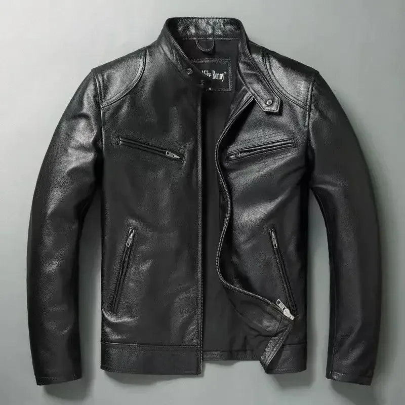 Men’s Genuine Cowhide Leather Jacket – 100% Real Leather Slim Fit Stand Collar Autumn Winter Padded Biker Coat - Image 6