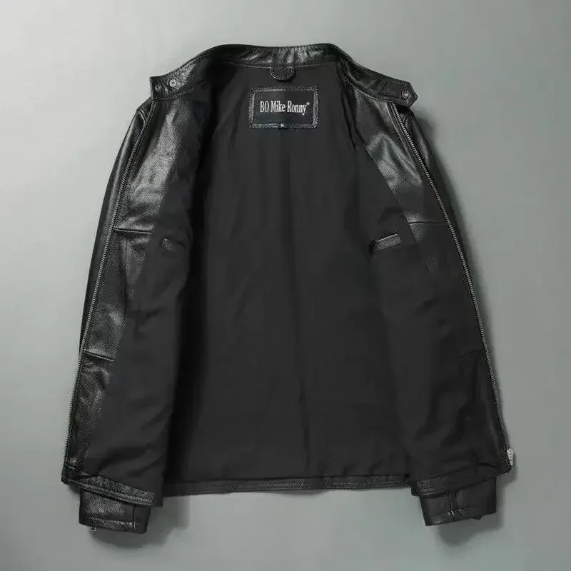 Men’s Genuine Cowhide Leather Jacket – 100% Real Leather Slim Fit Stand Collar Autumn Winter Padded Biker Coat - Image 2