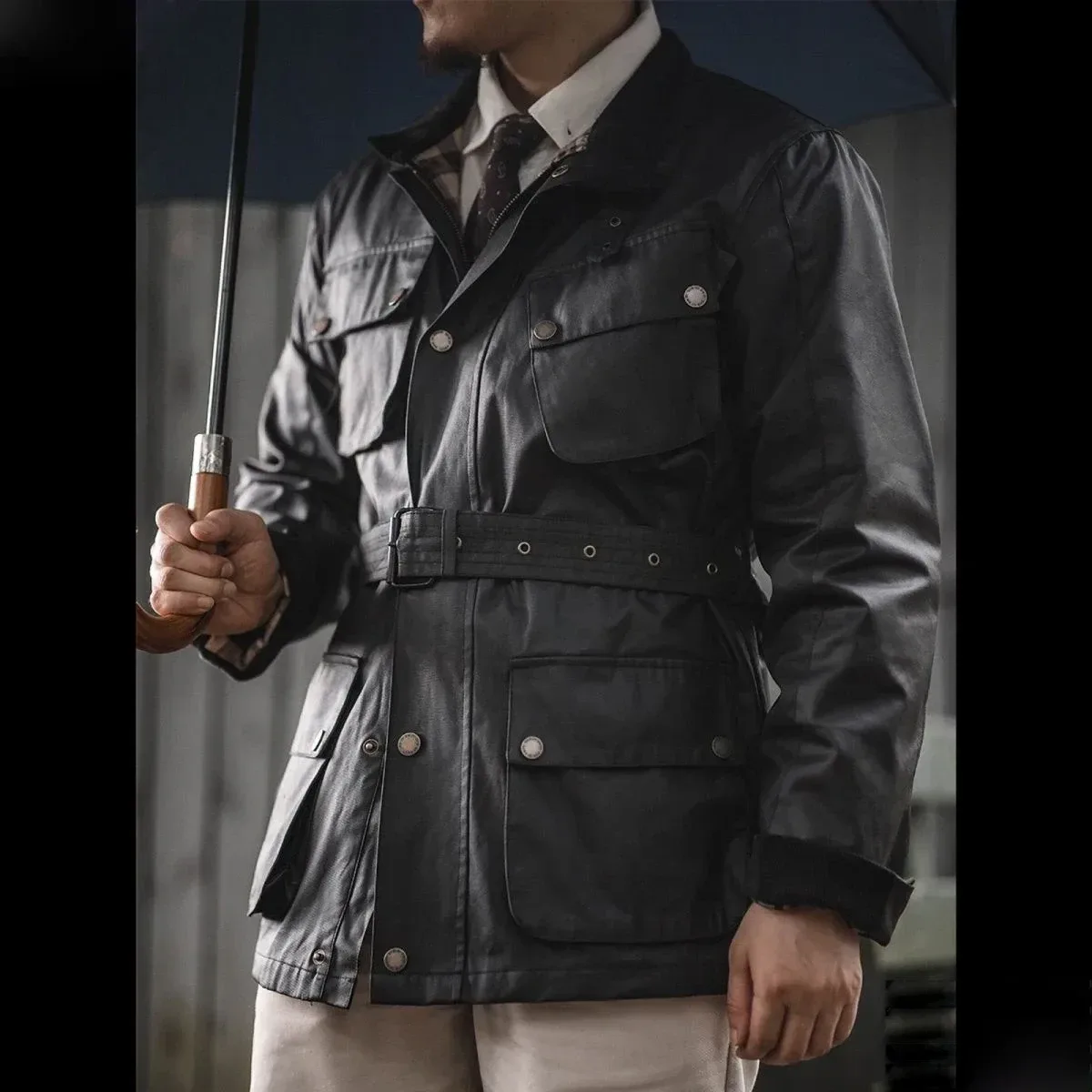 Men’s Retro Oil Waxed Windbreaker Jacket – Weatherproof Medium-Length Hunting Coat, American Vintage Motorcycle Style - Image 2