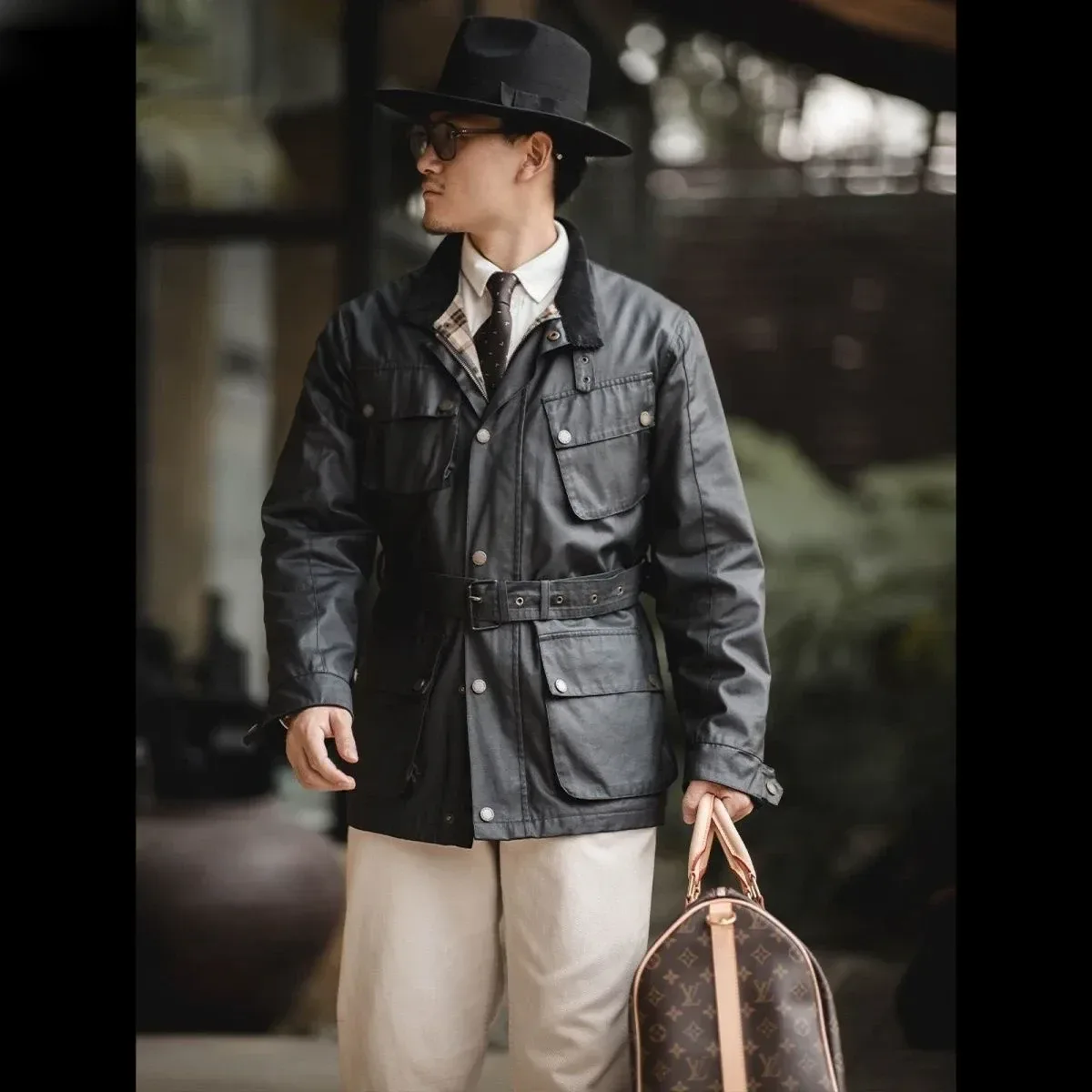 Men’s Retro Oil Waxed Windbreaker Jacket – Weatherproof Medium-Length Hunting Coat, American Vintage Motorcycle Style - Image 4