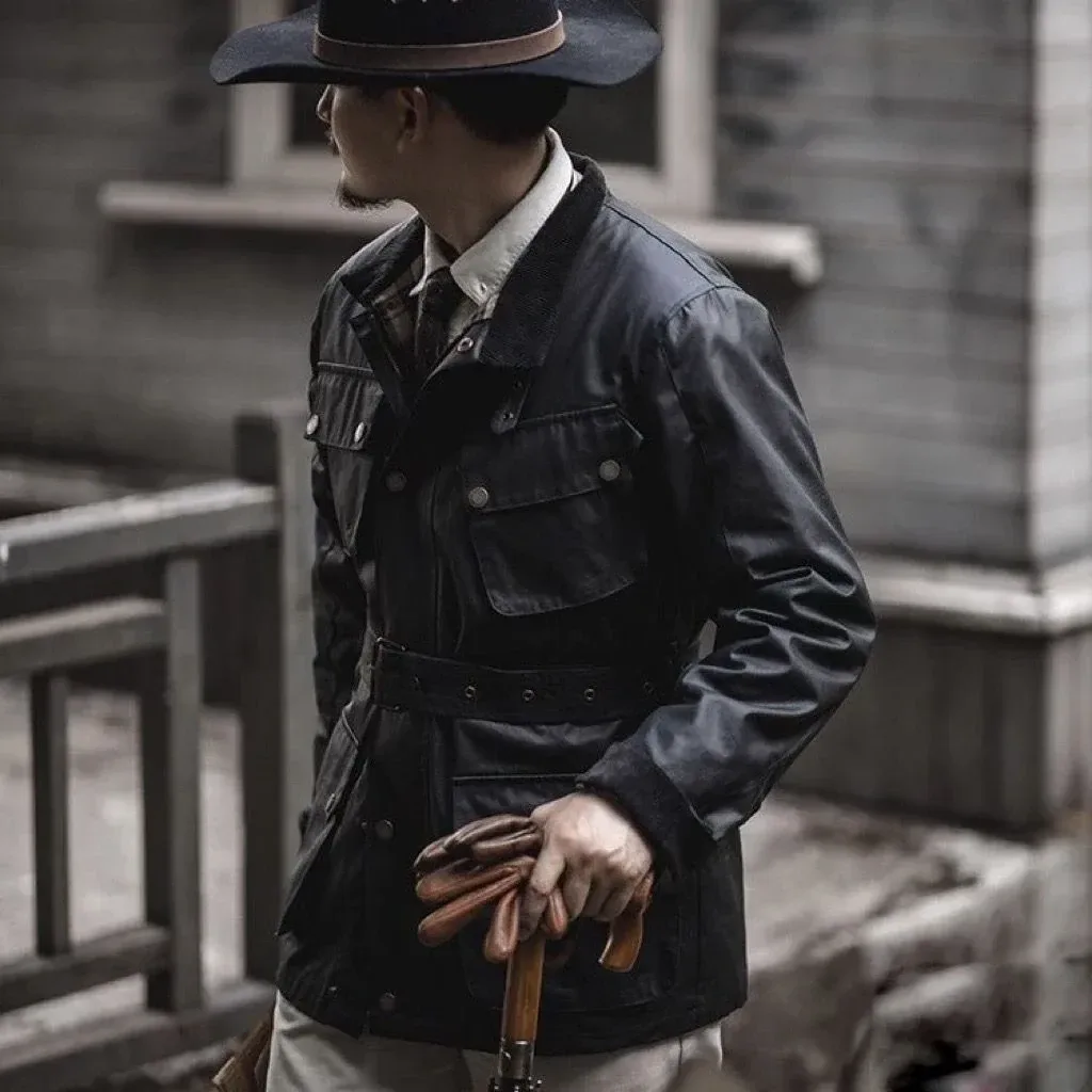 Men’s Retro Oil Waxed Windbreaker Jacket – Weatherproof Medium-Length Hunting Coat, American Vintage Motorcycle Style - Image 6
