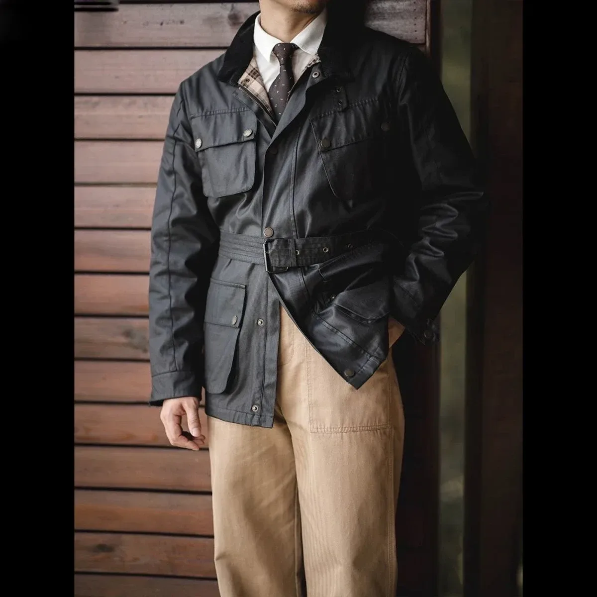 Men’s Retro Oil Waxed Windbreaker Jacket – Weatherproof Medium-Length Hunting Coat, American Vintage Motorcycle Style - Image 3