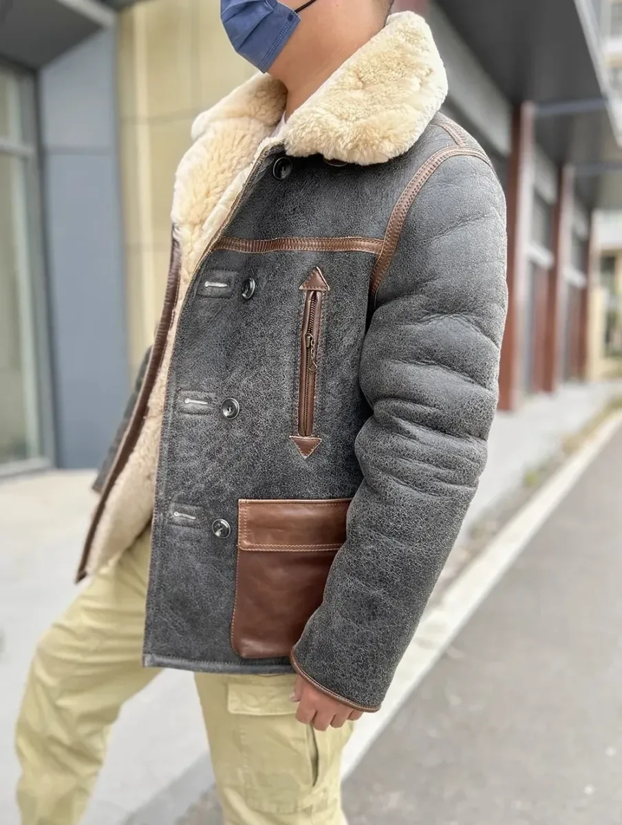 Men’s Shearling Leather Jacket 100% Natural Fur 2 cm Wool Lining Vintage Winter Coat - Image 5