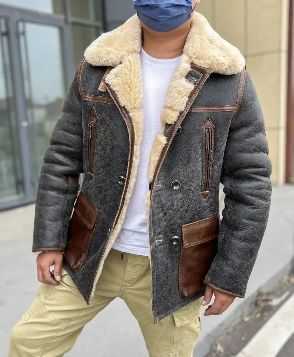 Men’s Shearling Leather Jacket 100% Natural Fur 2 cm Wool Lining Vintage Winter Coat