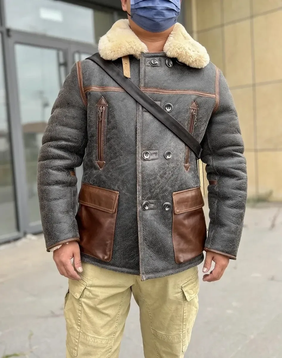 Men’s Shearling Leather Jacket 100% Natural Fur 2 cm Wool Lining Vintage Winter Coat - Image 3