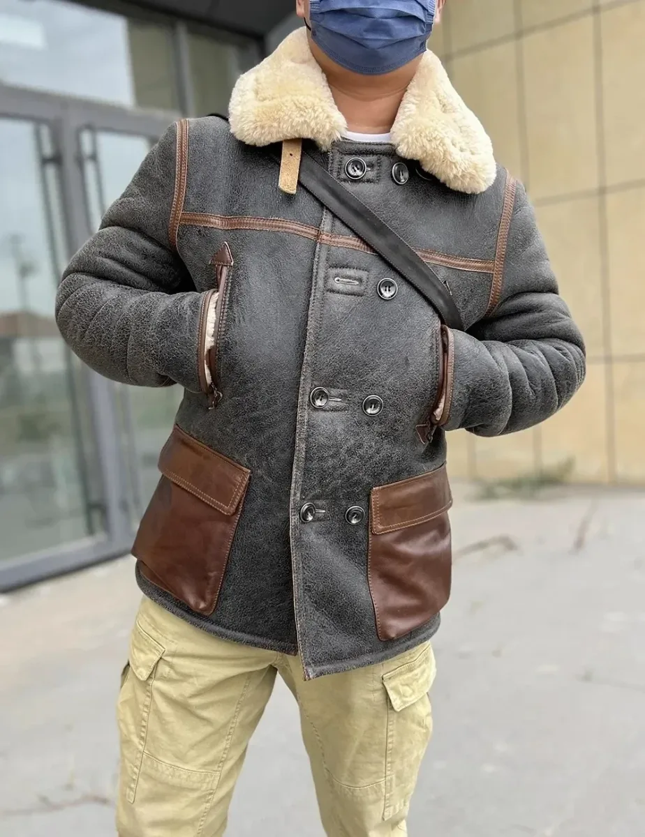 Men’s Shearling Leather Jacket 100% Natural Fur 2 cm Wool Lining Vintage Winter Coat - Image 6