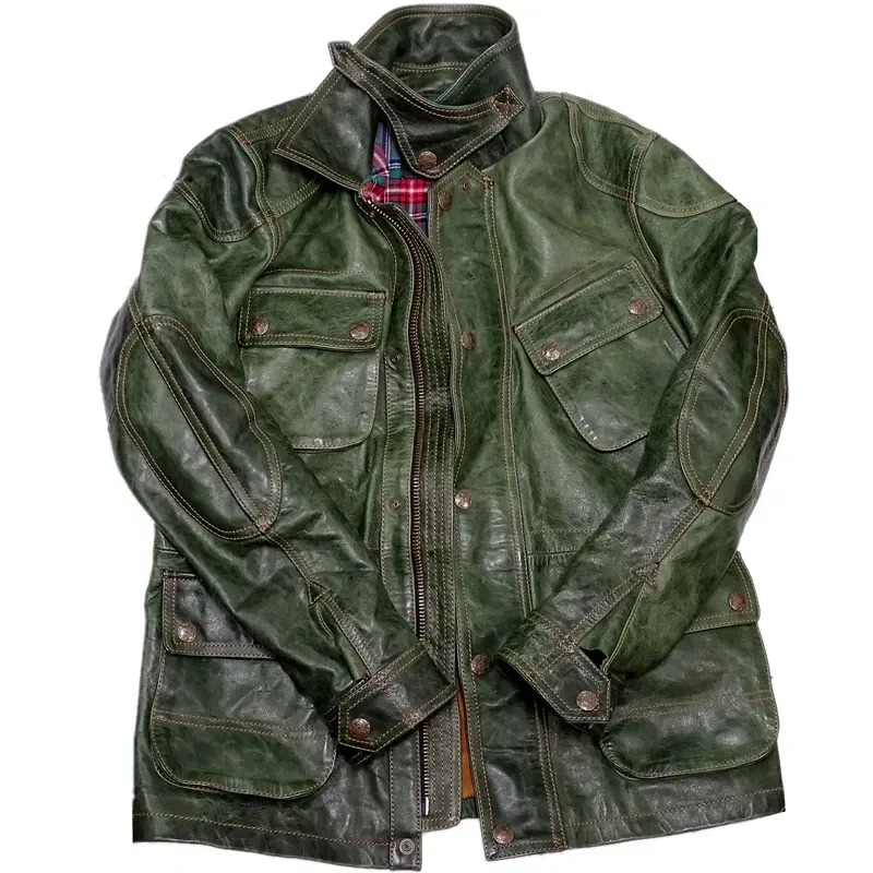 Men’s Vintage US-Style M65 Horsehide Leather Jacket Green Hunting Coat Plus Size - Image 5