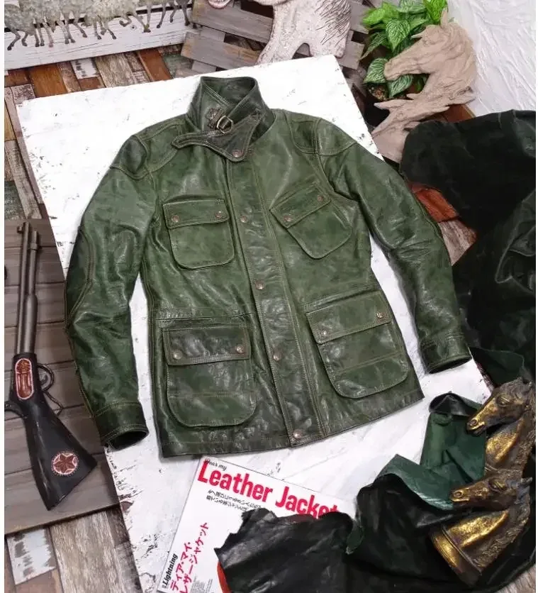 Men’s Vintage US-Style M65 Horsehide Leather Jacket Green Hunting Coat Plus Size - Image 4