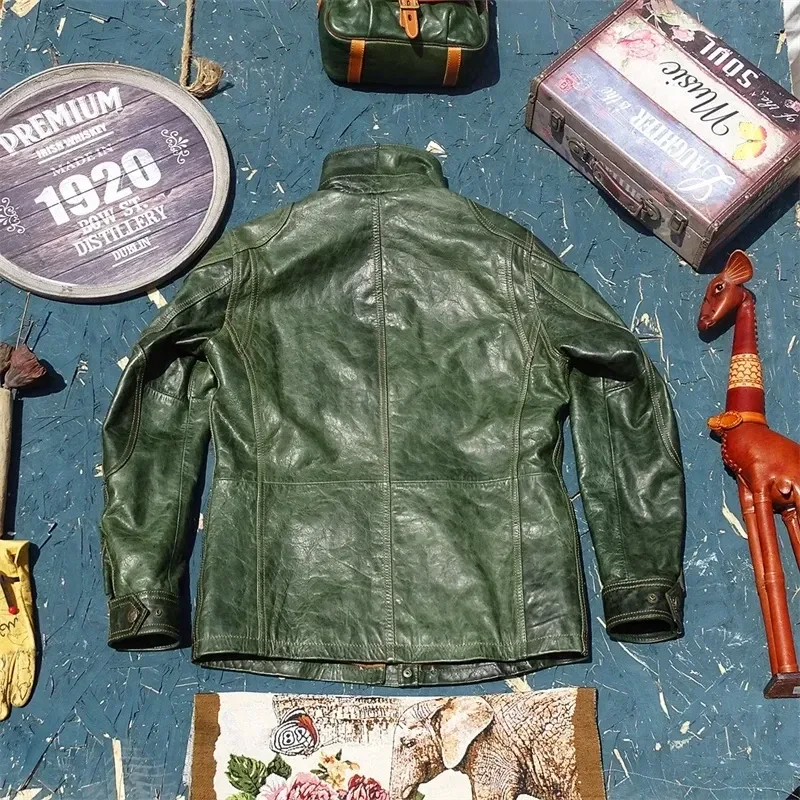 Men’s Vintage US-Style M65 Horsehide Leather Jacket Green Hunting Coat Plus Size - Image 2