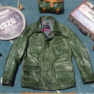 Men’s Vintage US-Style M65 Horsehide Leather Jacket Green Hunting Coat Plus Size