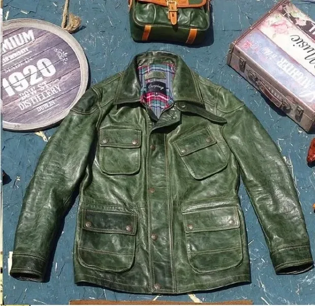 Men’s Vintage US-Style M65 Horsehide Leather Jacket Green Hunting Coat Plus Size