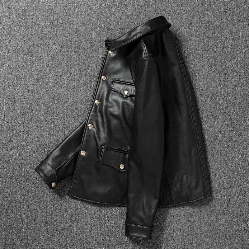Men’s Imported Oil-Wax Horse Leather Jacket Top Layer Brakeman Lapel Dispatcher Style Casual Coat - Image 3