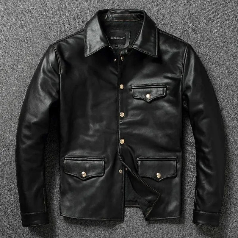 Men’s Imported Oil-Wax Horse Leather Jacket Top Layer Brakeman Lapel Dispatcher Style Casual Coat - Image 6