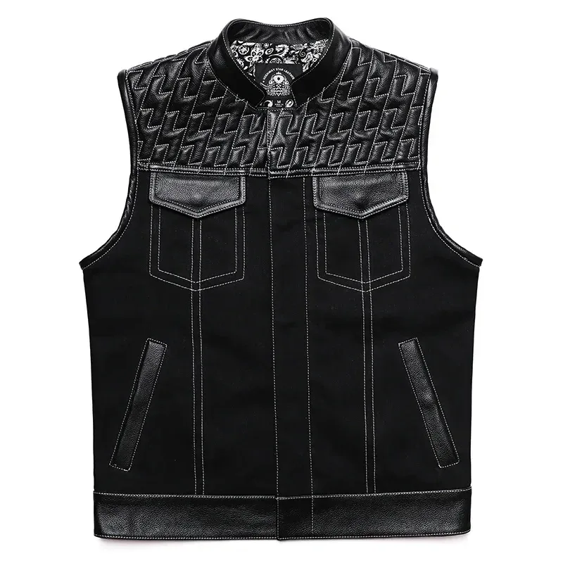 Men’s SOA Club Style Motorcycle Vest Cowhide Leather & Denim Patchwork Biker Waistcoat Sleeveless Jacket - Image 6