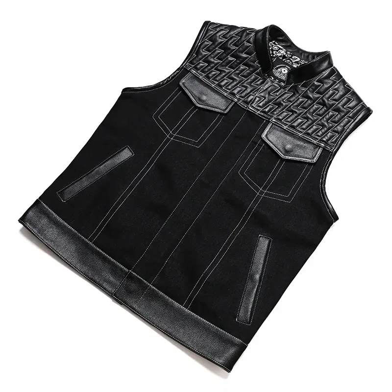 Men’s SOA Club Style Motorcycle Vest Cowhide Leather & Denim Patchwork Biker Waistcoat Sleeveless Jacket - Image 5
