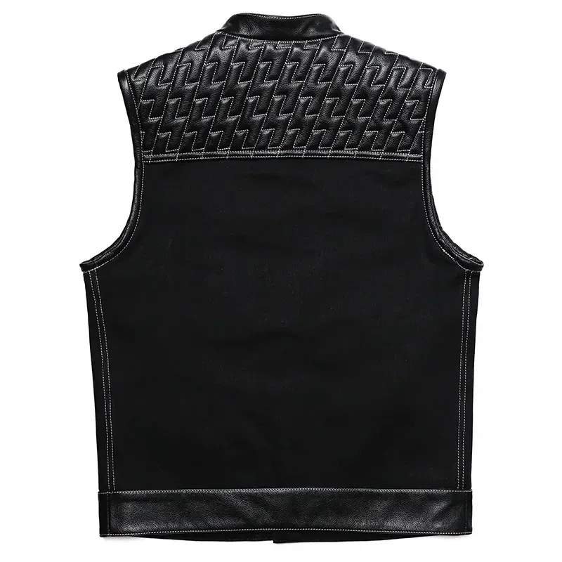 Men’s SOA Club Style Motorcycle Vest Cowhide Leather & Denim Patchwork Biker Waistcoat Sleeveless Jacket - Image 3
