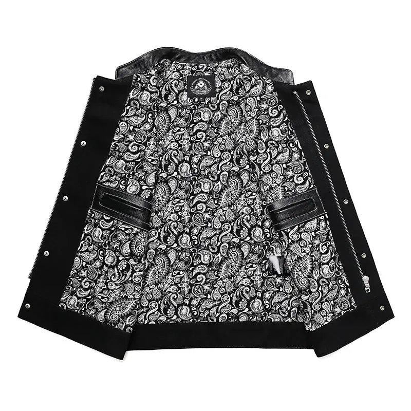 Men’s SOA Club Style Motorcycle Vest Cowhide Leather & Denim Patchwork Biker Waistcoat Sleeveless Jacket - Image 4