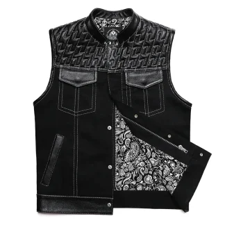 Men’s SOA Club Style Motorcycle Vest Cowhide Leather & Denim Patchwork Biker Waistcoat Sleeveless Jacket