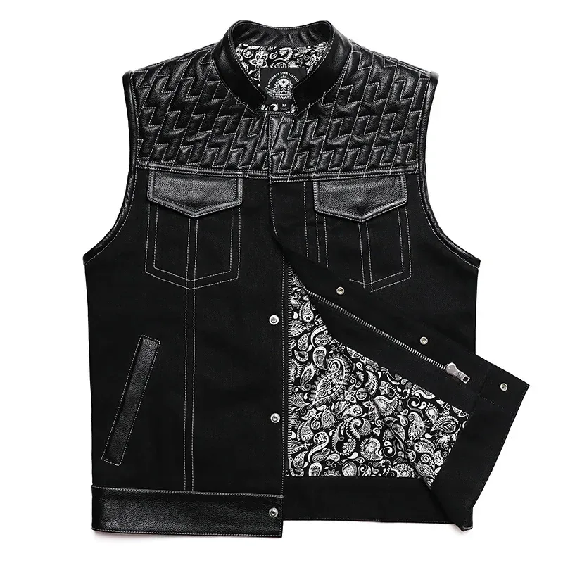 Men’s SOA Club Style Motorcycle Vest Cowhide Leather & Denim Patchwork Biker Waistcoat Sleeveless Jacket