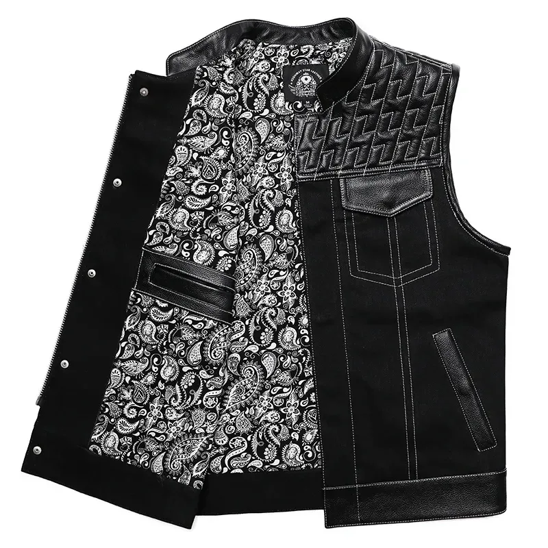 Men’s SOA Club Style Motorcycle Vest Cowhide Leather & Denim Patchwork Biker Waistcoat Sleeveless Jacket - Image 2