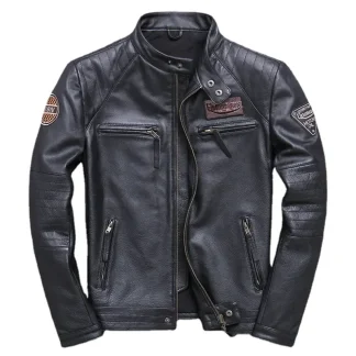 Men’s Vintage Slim Fit Genuine Cowhide Leather Biker Jacket 100% Natural Real Leather Motorcycle Coat
