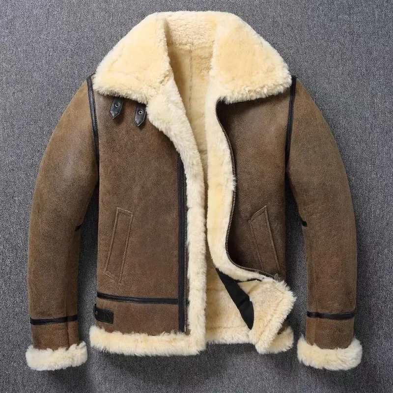 Men’s B3 Sheepskin Fur Leather Jacket Original Ecological Shearling Thickened Winter Coat Large Size - Image 6