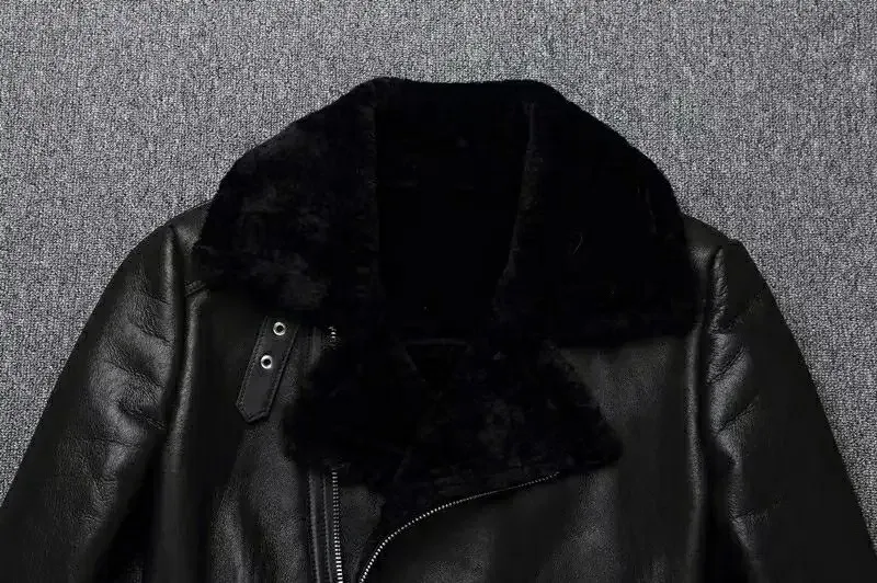 Men’s Natural Sheepskin Shearling Leather Biker Jacket Lapel Oblique Zipper Belted Winter Coat - Image 4