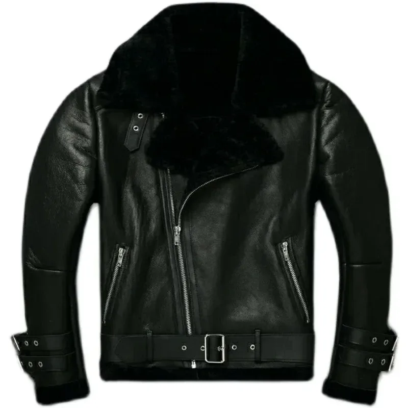 Men’s Natural Sheepskin Shearling Leather Biker Jacket Lapel Oblique Zipper Belted Winter Coat - Image 5