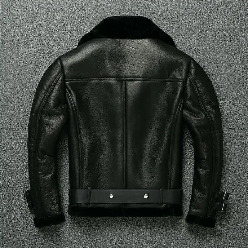 Men’s Natural Sheepskin Shearling Leather Biker Jacket Lapel Oblique Zipper Belted Winter Coat - Image 2