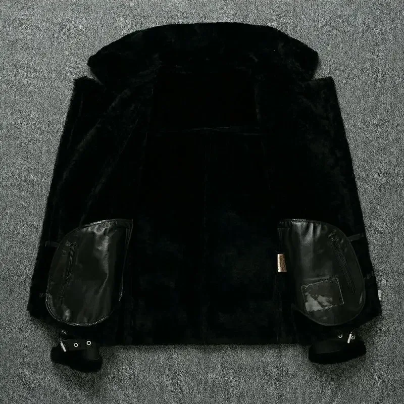 Men’s Natural Sheepskin Shearling Leather Biker Jacket Lapel Oblique Zipper Belted Winter Coat - Image 3