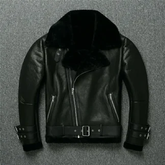 Men’s Natural Sheepskin Shearling Leather Biker Jacket Lapel Oblique Zipper Belted Winter Coat
