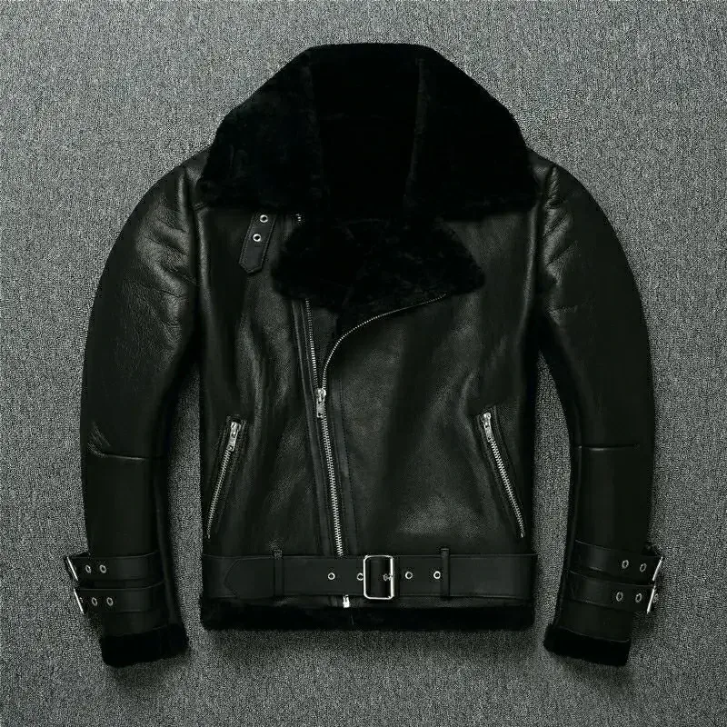 Men’s Natural Sheepskin Shearling Leather Biker Jacket Lapel Oblique Zipper Belted Winter Coat