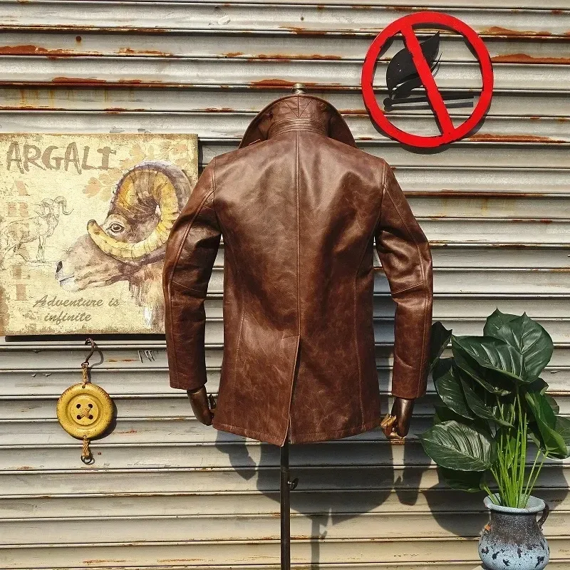 Men’s Vintage Brown Cowhide Leather Jacket Classic Navy 740 Double-Breasted Slim Fit Coat - Image 2