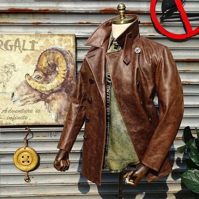 Men’s Vintage Brown Cowhide Leather Jacket Classic Navy 740 Double-Breasted Slim Fit Coat - Image 3
