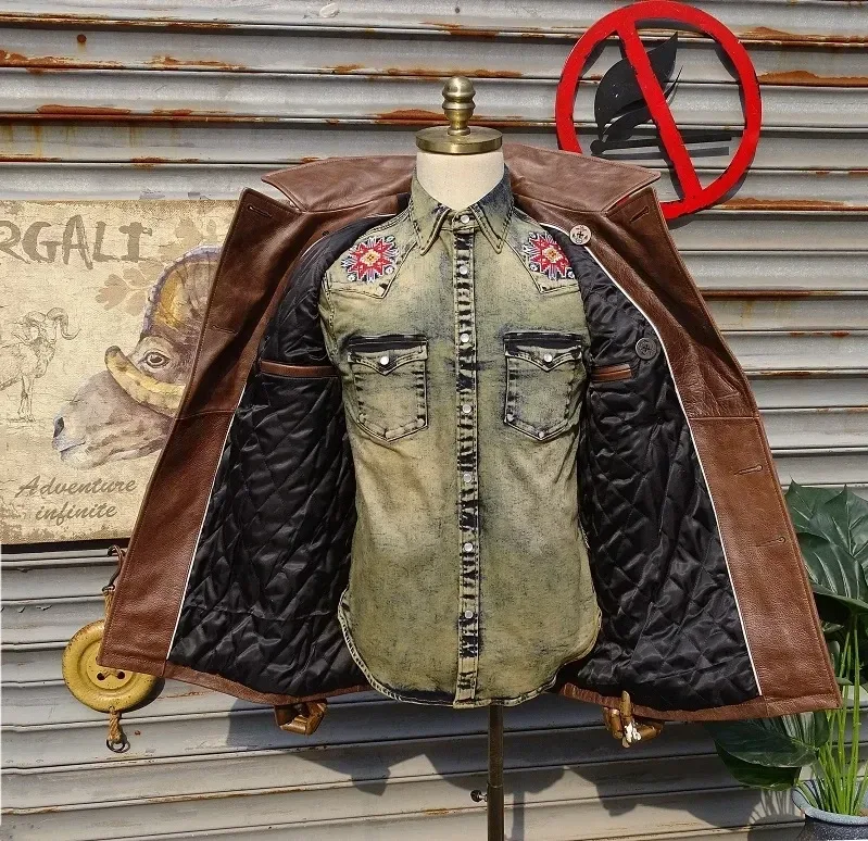 Men’s Vintage Brown Cowhide Leather Jacket Classic Navy 740 Double-Breasted Slim Fit Coat - Image 5