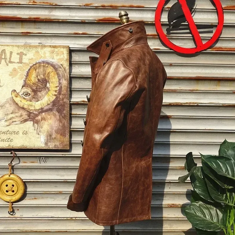 Men’s Vintage Brown Cowhide Leather Jacket Classic Navy 740 Double-Breasted Slim Fit Coat - Image 4