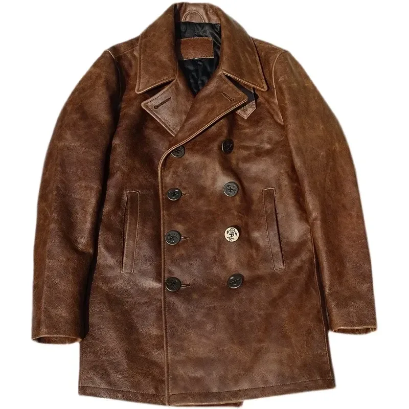 Men’s Vintage Brown Cowhide Leather Jacket Classic Navy 740 Double-Breasted Slim Fit Coat - Image 6