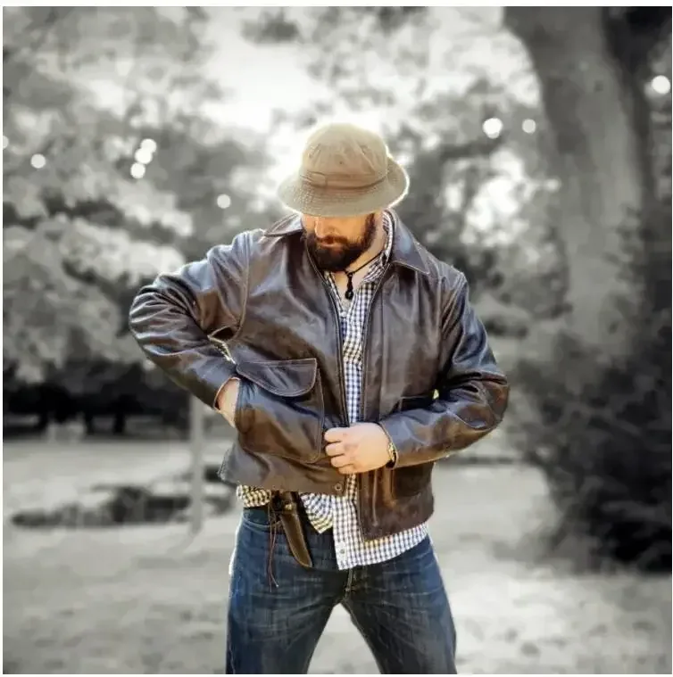 Men’s Vintage Brown Nubuck Cowhide Leather Jacket Casual US Rider Style Genuine Leather Coat - Image 4