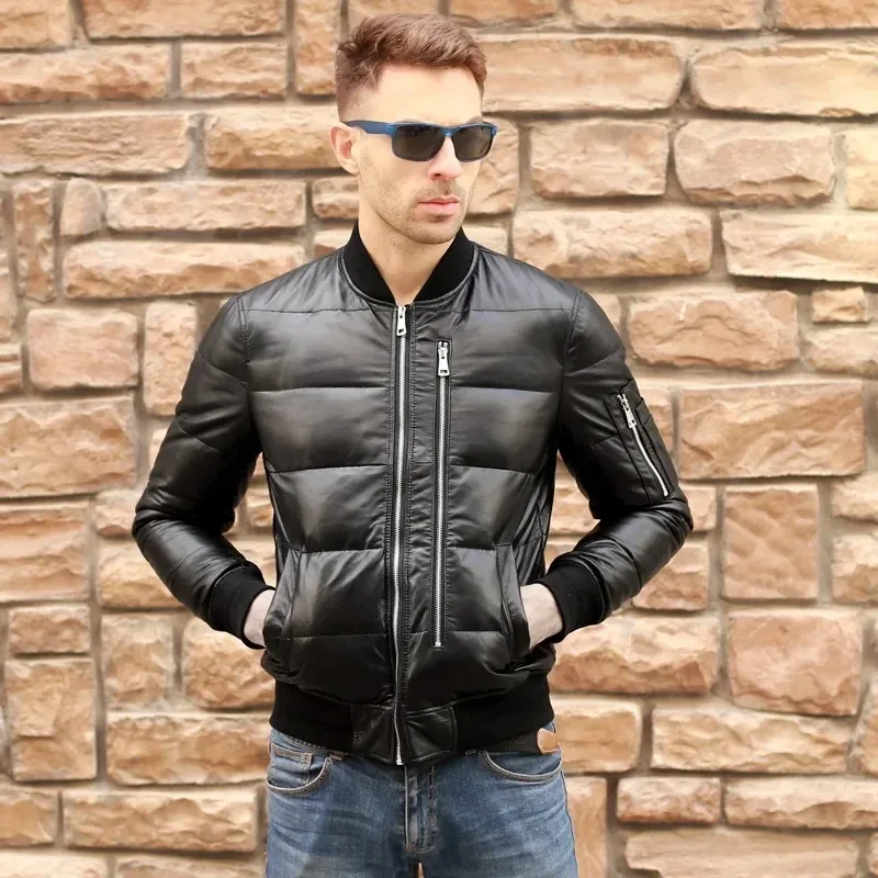Men’s Winter Warm Sheepskin Leather Jacket 90% White Duck Down MA-1 Style Genuine Leather Coat - Image 4
