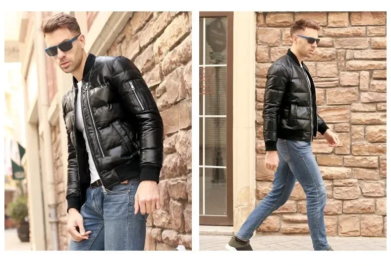 Men’s Winter Warm Sheepskin Leather Jacket 90% White Duck Down MA-1 Style Genuine Leather Coat - Image 5