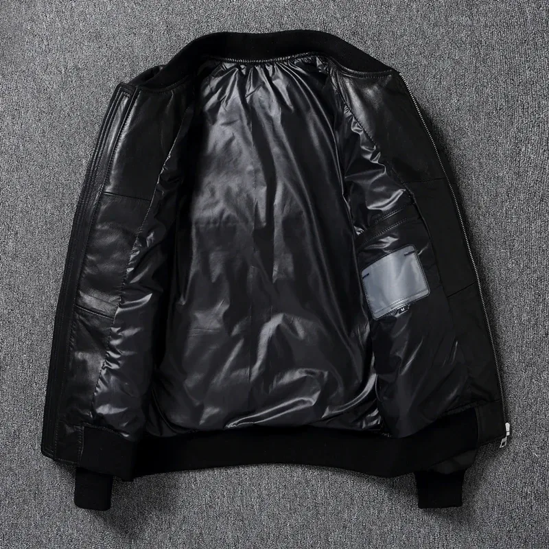 Men’s Winter Warm Sheepskin Leather Jacket 90% White Duck Down MA-1 Style Genuine Leather Coat - Image 3