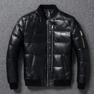 Men’s Winter Warm Sheepskin Leather Jacket 90% White Duck Down MA-1 Style Genuine Leather Coat