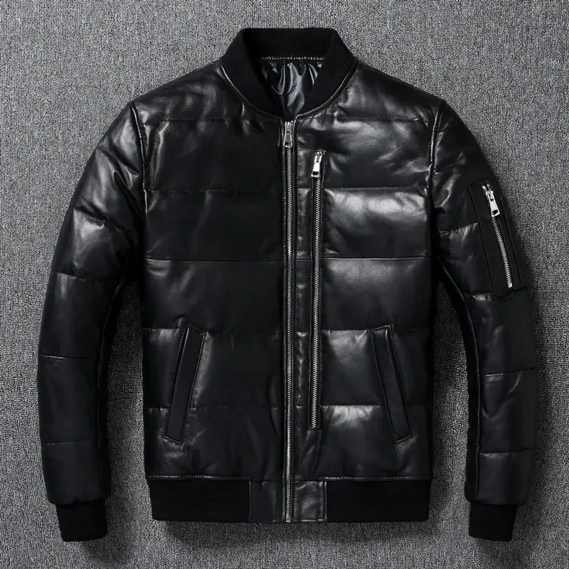 Men’s Winter Warm Sheepskin Leather Jacket 90% White Duck Down MA-1 Style Genuine Leather Coat