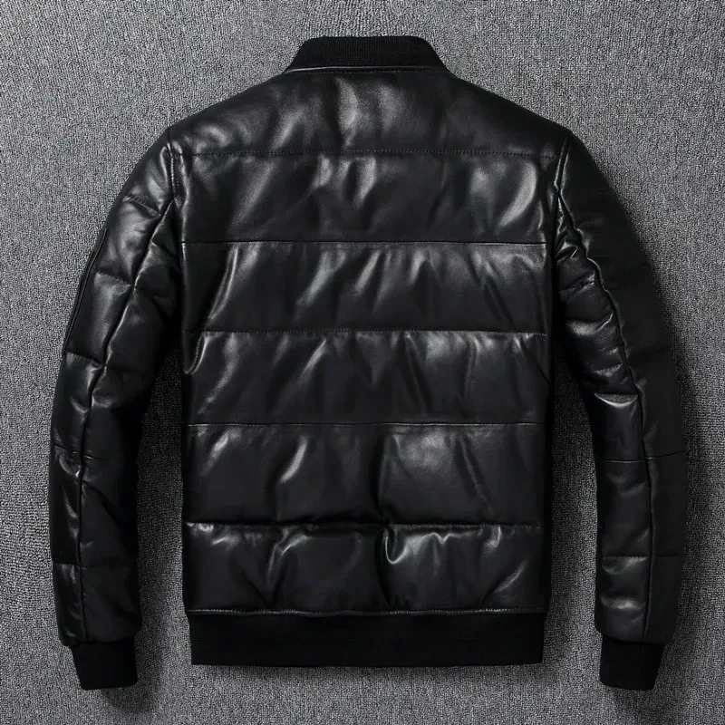 Men’s Winter Warm Sheepskin Leather Jacket 90% White Duck Down MA-1 Style Genuine Leather Coat - Image 2