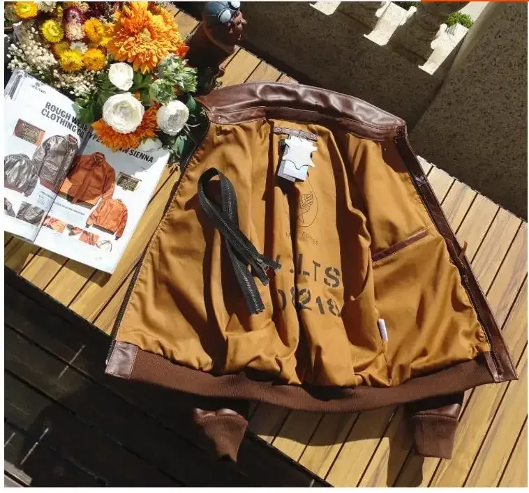 Men’s Classic A-2 US Air Force Cowhide Leather Jacket Brown Bomber Rider Style Coat