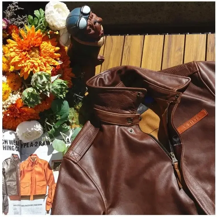 Men’s Classic A-2 US Air Force Cowhide Leather Jacket Brown Bomber Rider Style Coat - Image 3