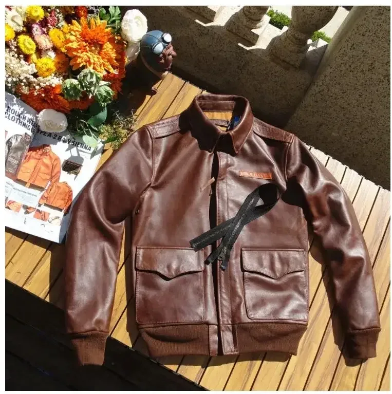 Men’s Classic A-2 US Air Force Cowhide Leather Jacket Brown Bomber Rider Style Coat - Image 6