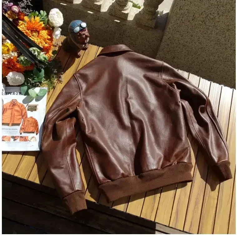 Men’s Classic A-2 US Air Force Cowhide Leather Jacket Brown Bomber Rider Style Coat - Image 2