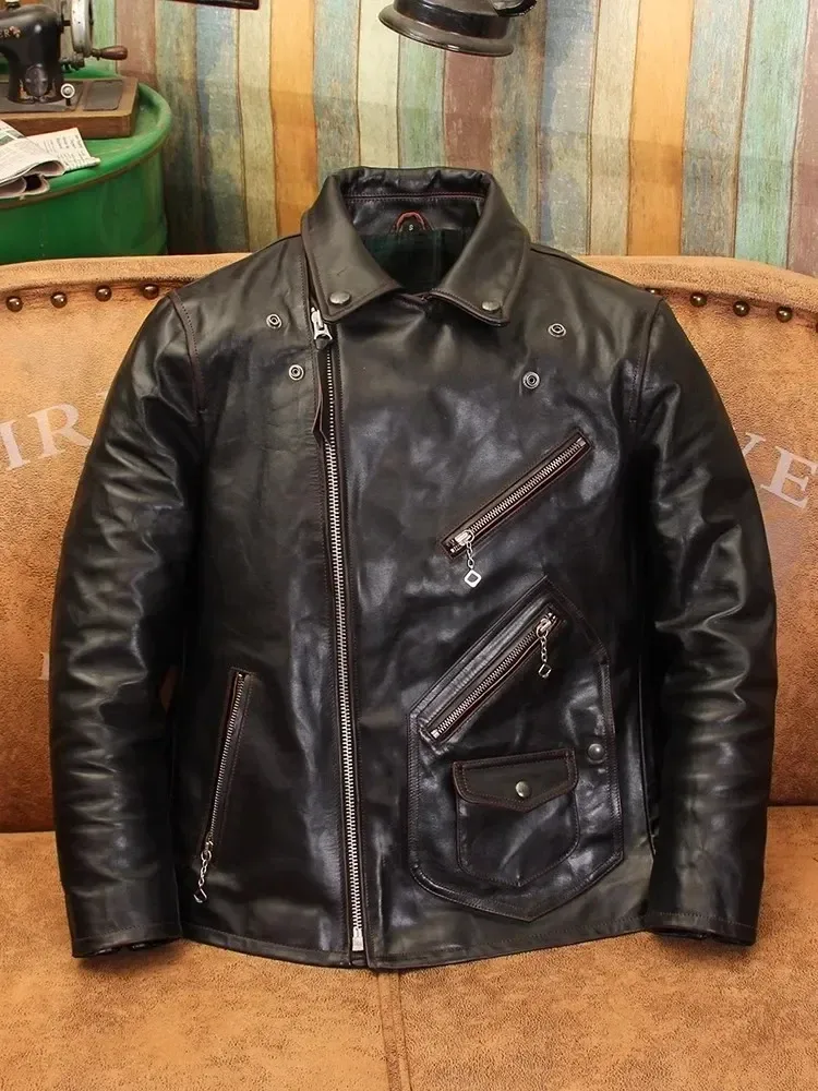 Men’s Vintage Horsehide Leather Motorcycle Jacket Slim Fit Quality Rider Coat - Image 5